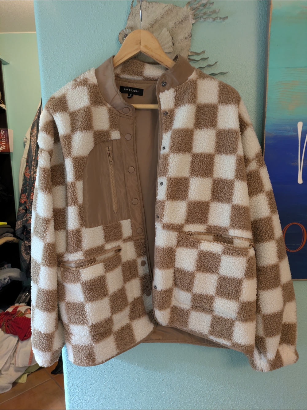 Cozy Checkerboard Sherpa Jacket in Beige & White